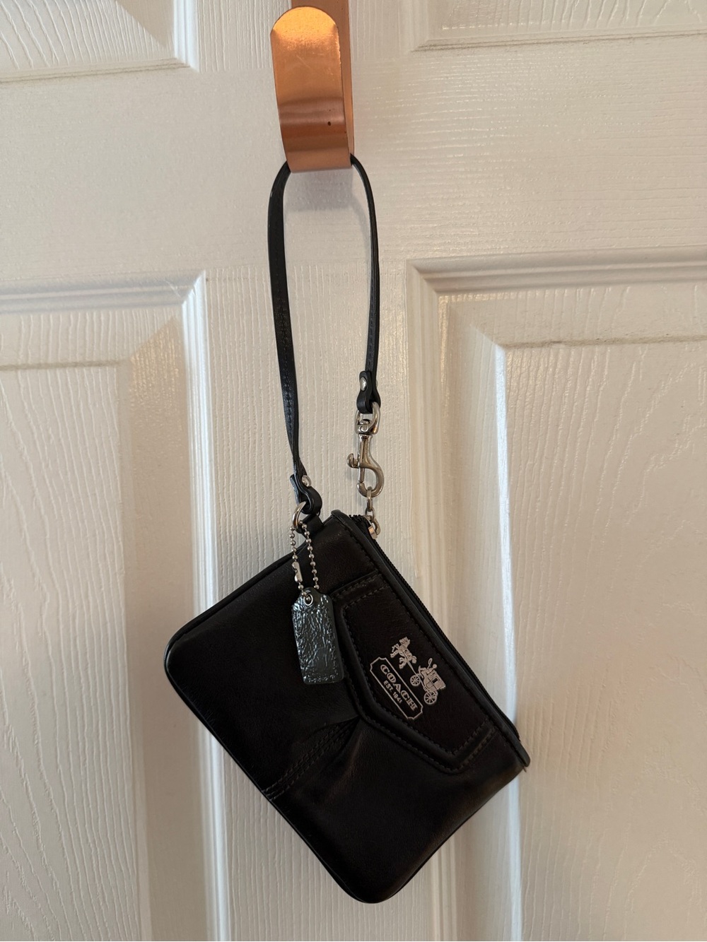 Coach Black Leather Wristlet with Signature Tag